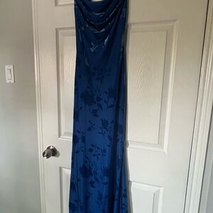 Satin Floral Maxi Dress in Deep Teal Blue